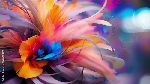 Closeup of a statement hair clip, featuring an oversized flower made of vibrant colored feathers. photo