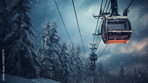 Cable cars and chair lifts in ski resort. alpine mountains with white snow, blue sky. art retouching. generative ai