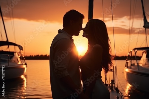 Couple in love on a yacht in the evening