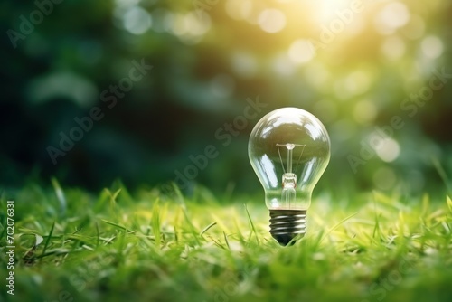 Light bulb on grass green safe nature day concept photo