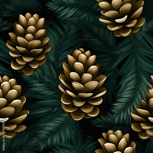 Seamless pattern with fir tree branches and brown pine cones on dark background. Festive Christmas background. Winter holiday print for card, paper, poster, wallpaper, textile, banner