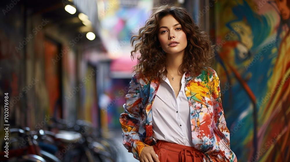 A stylish woman in a colorful street-style ensemble, surrounded by a dynamic urban setting with graffiti-covered walls