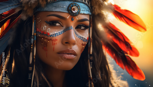 Indian woman with feathers on her head and bright makeup, March 8 World Women's Day photo