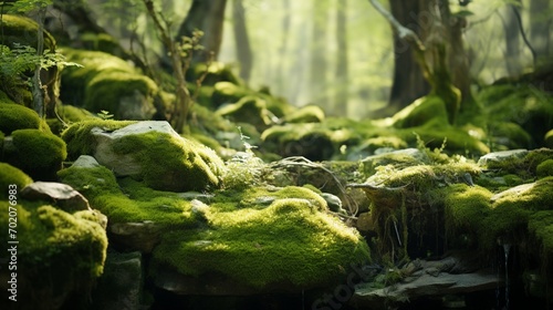 moss-covered stones  bathed in soft natural light  emphasizing the enchanting charm and tranquility of a moss-covered landscape.
