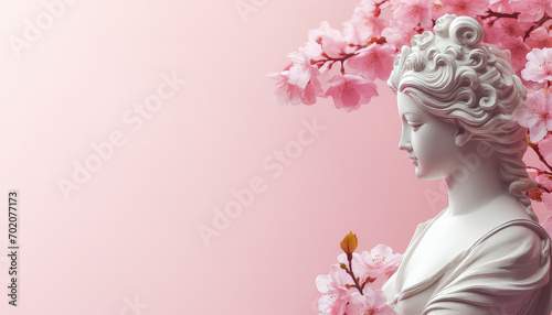 Venetian Woman Statue on Pink Background with Apple Tree in Bloom, March 8 World Women's Day photo