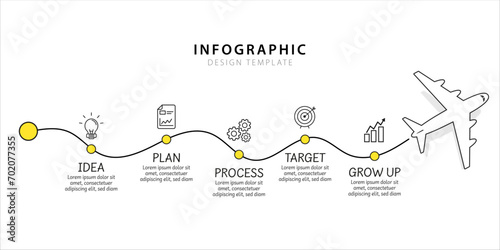 Infographic design template. Timeline concept with 5 options or steps template. layout, diagram, annual, airplanes, travel, report, presentation. Vector illustration. photo