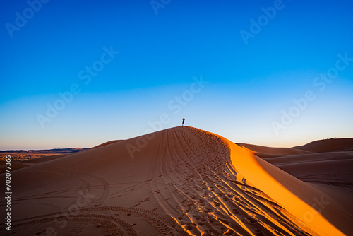 human figure in the desert. Winter in the Sahara desert.