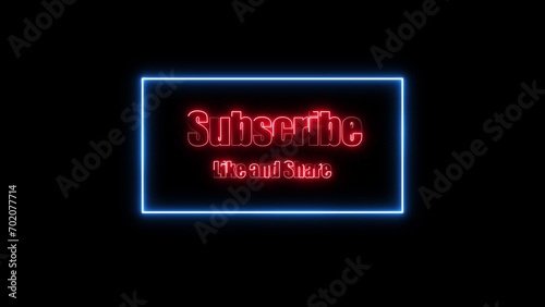 Neon glowing subscribe like and share button on a black background.