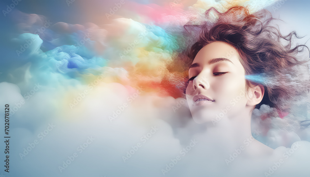 Woman with rainbow smoke at her head, March 8 World Women's Day