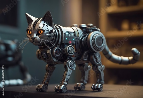 angry robot with cute flurry kitty cat on metall hands