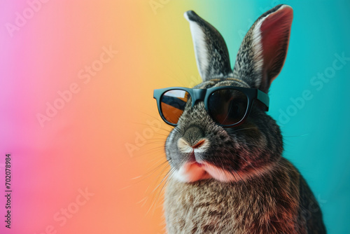 Portrait of cool Easter Bunny rabbit with sunglasses on a bright blue plain studio background with Empty space place for text, copy paste. Spring holiday celebration concept © Valeriia