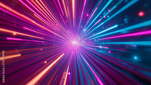 Abstract circular neon background. Centric motion backdrop. Starburst dynamic lines or rays on dark