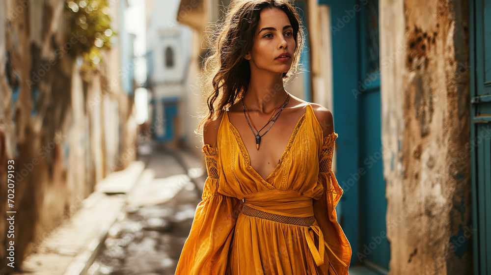 Fototapeta premium An outfit inspired by the city of Casablanca, worn by a woman, in the daytime, on the streets of Casablanca, Morocco