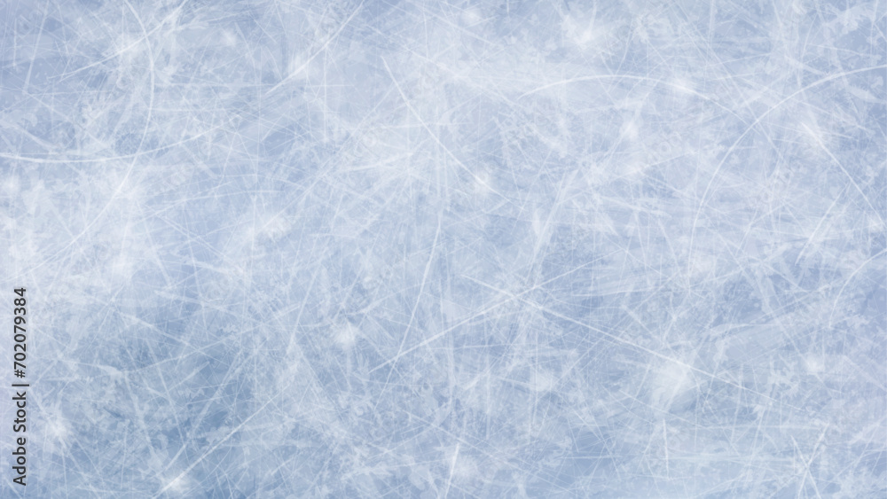 Ice rink scratched surface with realistic texture. Empty light blue background, horizontal hd banner. Vector template for hockey, figure skating or curling illustration, winter sport design, print.