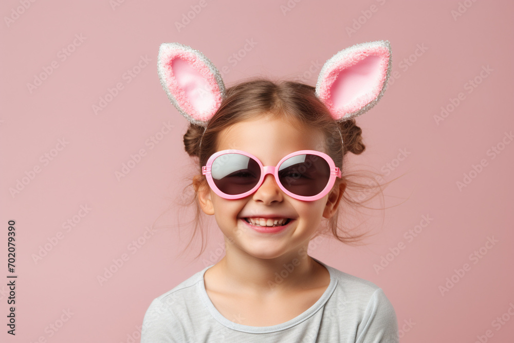 Smiling girl in sunglasses happy smiling young elementary school child with cute bunny rabbit ears on studio pink purple background. Empty space place for text, copy paste, horizontal banner