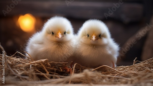 Leinwand Poster Two adorable puffball chicks, their downy feathers and wide eyes adding a touch of innocence to the scene, capturing the essence of new beginnings and fledgling life