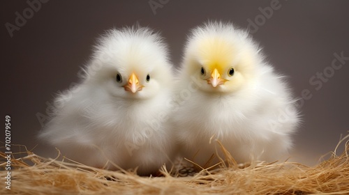 Foto Two adorable puffball chicks, their downy feathers and wide eyes adding a touch of innocence to the scene, capturing the essence of new beginnings and fledgling life