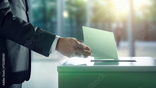 A hand casting a vote into the ballot box on election day, embodying the concept of democracy.