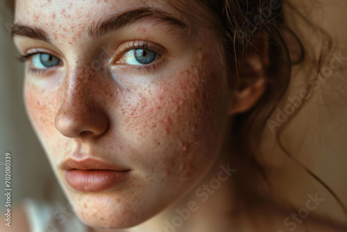 Woman with acne skin problem with hormonal acne, close up