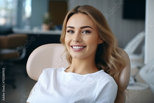 Young smiling woman sitting on chair at dentist office. Dental care, healthy teeth