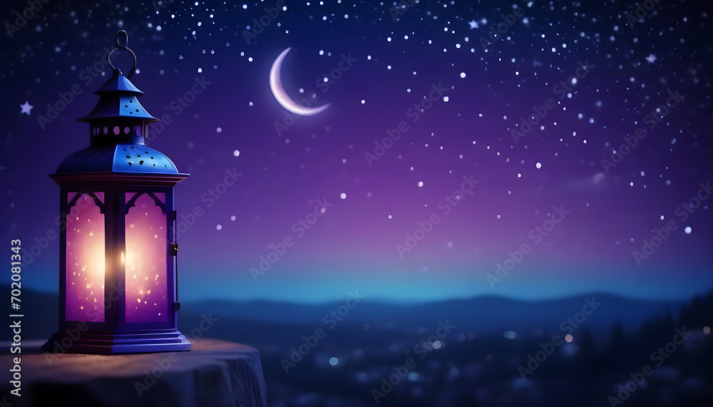 Naklejka premium Arabic lantern with burning candle and bokeh lights in background Ramadan generative ai