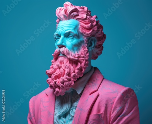 Stylish ancient Greek male marble statue in a suit and beard, featuring pastel colors—predominantly pink and blue. Minimal, conveying essence of art, philosophy, and history. photo