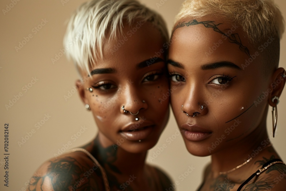 two women with tattoos and piercings posing for a picture two women with tattoos and piercings posing for a picture