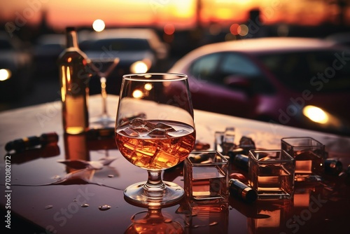 a glass of alcohol and bottles on a table