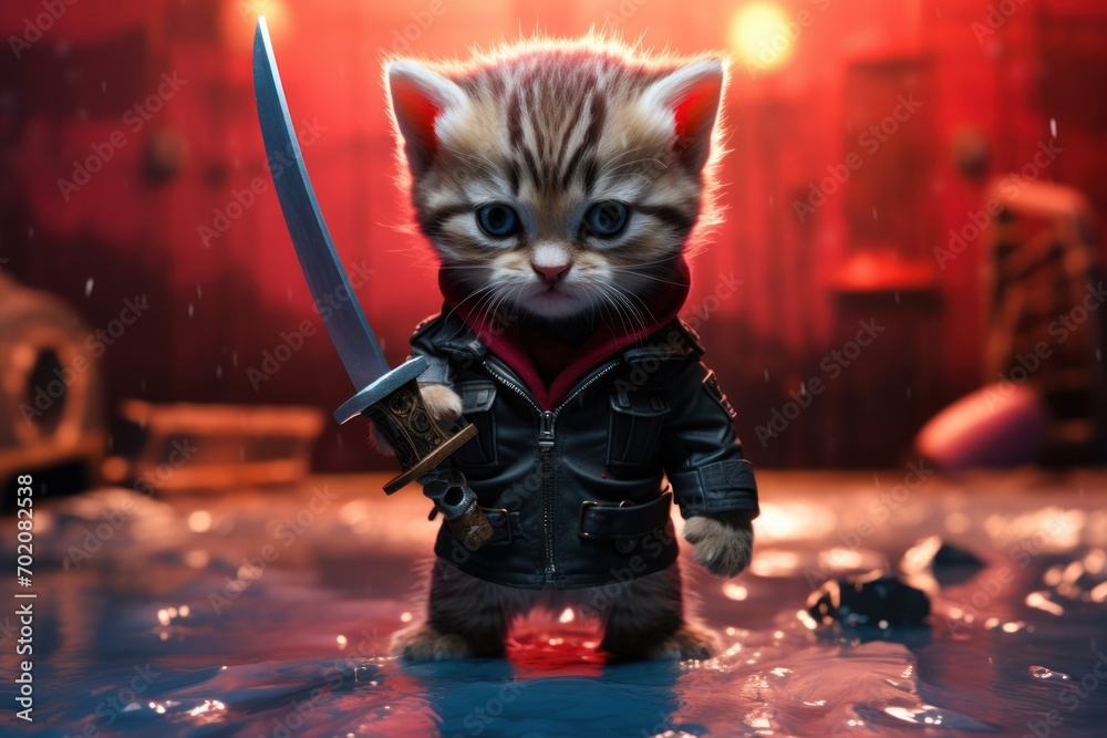 Ferocious elegance in a drawing-cat in uniform wielding a sword, set against a dark and somber background, evoking intensity. Ferocious elegance in a drawing-cat in uniform wielding a sword, set against a dark and somber background, evoking intensity.