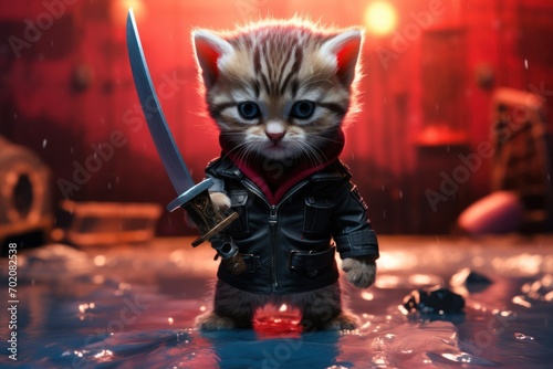 Ferocious elegance in a drawing-cat in uniform wielding a sword, set against a dark and somber background, evoking intensity.