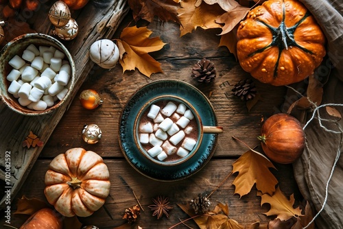a cup of hot chocolate with marshmallows and pumpkins on a wood surface photo