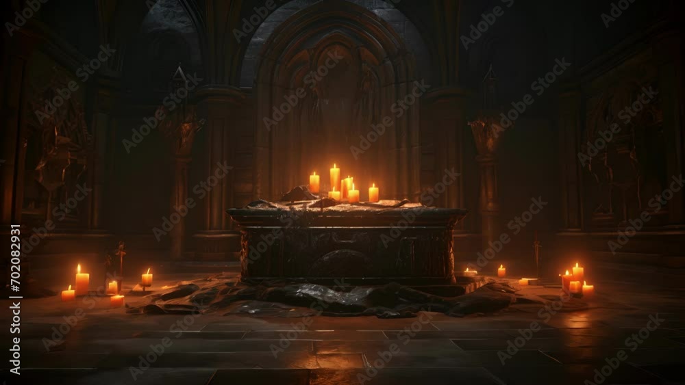 An ancient crypt illuminated by a single candle flame with a shrouded ...