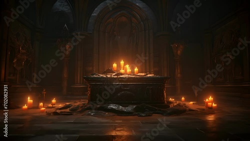 An ancient crypt illuminated by a single candle flame with a shrouded skeleton lying in a coffin in the corner. photo