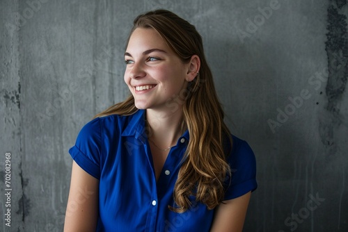 a woman in a blue shirt photo