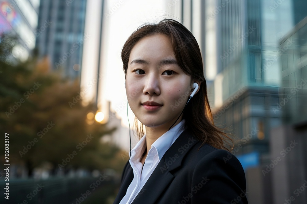 a woman wearing a suit and white earbuds a woman wearing a suit and white earbuds
