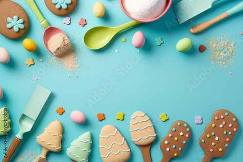 Top view photo of rolling-pin silicone spatula brush colorful easter eggs in paper baking molds cake shaped gingerbread cookies and sprinkles on isolated pastel blue background, Generative AI photo