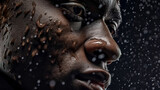 face portrait, close-up view of an individual's profile with a focus on texture and detail. It features meticulously rendered beads of water on the skin, suggesting either perspiration or rain