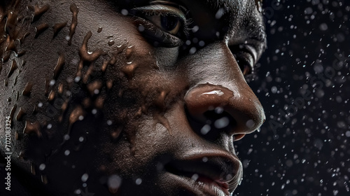 face portrait, close-up view of an individual's profile with a focus on texture and detail. It features meticulously rendered beads of water on the skin, suggesting either perspiration or rain photo