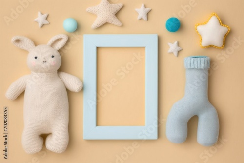 Baby accessories concept. Top view photo of photo frame knitted bunny rattle toy blue teether milk bottle tiny socks baby's dummy and gold stars on isolated pastel beige background, Generative AI