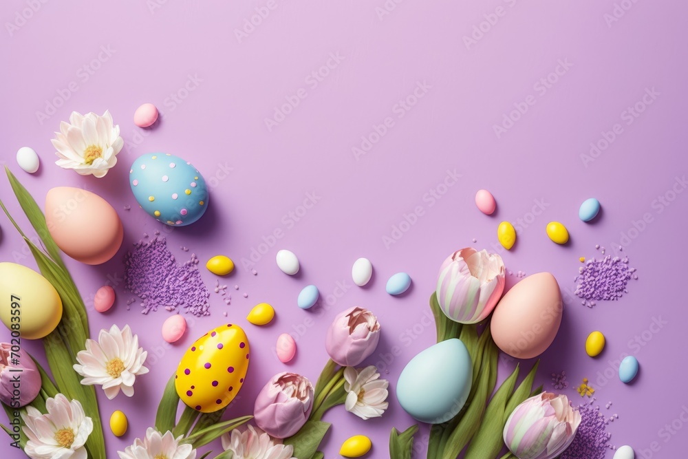 Easter celebration concept. Top view photo of spring flowers bouquets of tulips colorful easter eggs and confetti on isolated pastel violet background, Generative AI