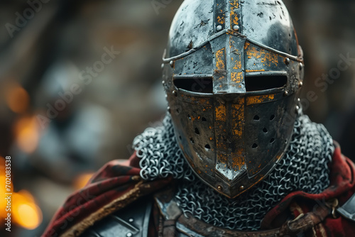 Knight in a helmet, portrait front view of a formidable medieval Templar warrior in steel armor looking at camera