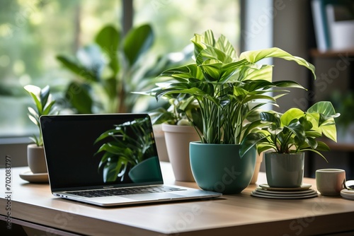a laptop and potted plants on a table