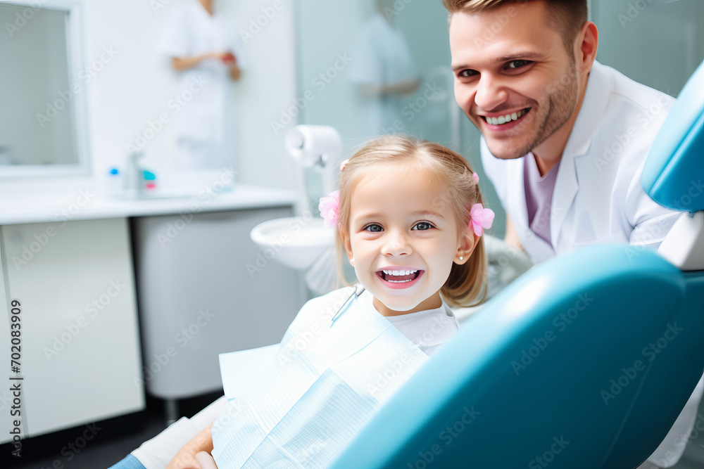 Obraz premium Smiling pediatric dentist with a young patient in dental clinic, Professional stomatology for kid.