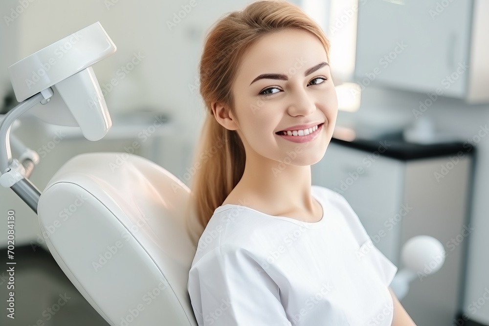 Young smiling woman sitting on chair at dentist office. Dental care, healthy teeth Young smiling woman sitting on chair at dentist office. Dental care, healthy teeth