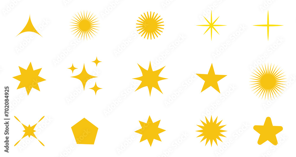 Different style of twinkling stars collection. Set of star shapes. Abstract cool shine effect sign vector design.