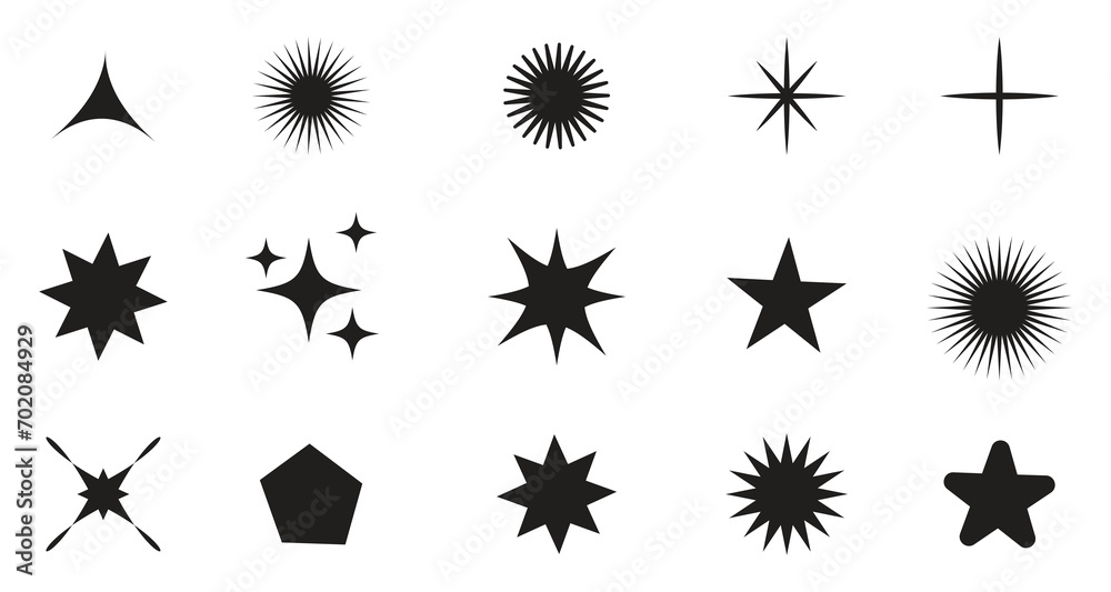 Different style of twinkling stars collection. Set of star shapes. Abstract cool shine effect sign vector design.