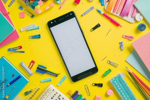 a cellphone with a white screen surrounded by stationery