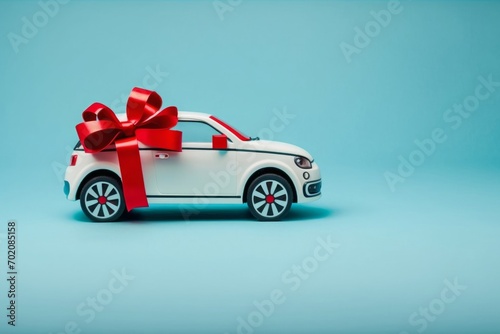 Present concept. Close up full length size photo of toy white car in with red ribbon isolated on blue background with copyspace  Generative AI