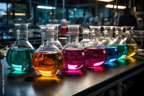 a group of glass beakers with colored liquid