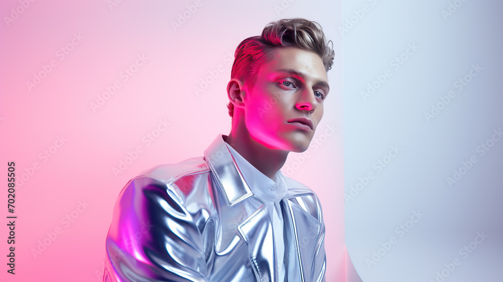 young man with a pensive look poses with a vibrant pink neon light young man with a pensive look poses with a vibrant pink neon light